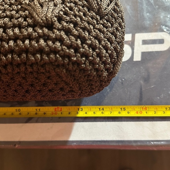 Vintage Retro Macrame Crochet Wood Square Handle Brown Handcrafted Bag - Picture 7 of 9